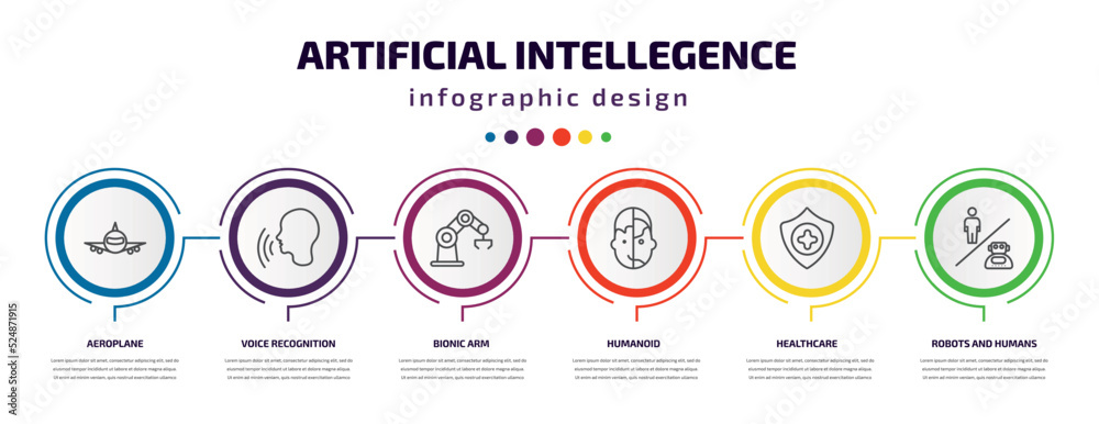 artificial intellegence infographic template with icons and 6 step or option. artificial intellegence icons such as aeroplane, voice recognition, bionic arm, humanoid, healthcare, robots and humans artificial intellegence infographic template with icons and 6 step or option. artificial intellegence icons such as aeroplane, voice recognition, bionic arm, humanoid, healthcare, robots and humans