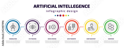 artificial intellegence infographic template with icons and 6 step or option. artificial intellegence icons such as exoskeleton, eye tracking, match moving, data transfer, shop assistant, graphene