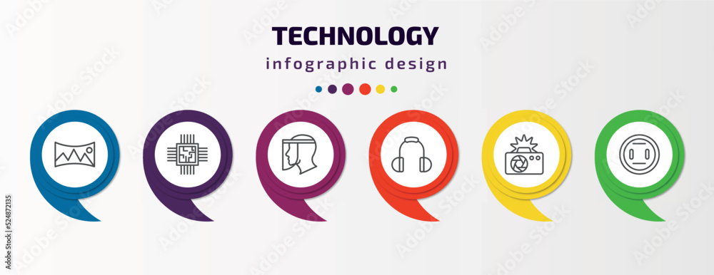 technology infographic template with icons and 6 step or option. technology icons such as panoramic, big chip, face shield, big headphones, camera flash, round socket vector. can be used for banner, technology infographic template with icons and 6 step or option. technology icons such as panoramic, big chip, face shield, big headphones, camera flash, round socket vector. can be used for banner,