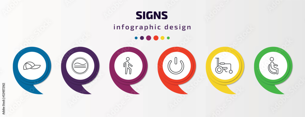 signs infographic template with icons and 6 step or option. signs icons such as cap, is congruent to, pedestrian, power button, wheelchair, disability vector. can be used for banner, info graph, signs infographic template with icons and 6 step or option. signs icons such as cap, is congruent to, pedestrian, power button, wheelchair, disability vector. can be used for banner, info graph,