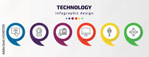 technology infographic template with icons and 6 step or option. technology icons such as touchscreen, front webcam, telephone with fax, simple screen, radio microphone, naensor vector. can be used