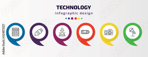 technology infographic template with icons and 6 step or option. technology icons such as basic calculator, inclined pendrive, teletransportation, battery power, photograph camera, big microphone
