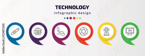 technology infographic template with icons and 6 step or option. technology icons such as digital pen, photocopier, phone with wire, camera shutter, cross stuck in ground, hd monitor vector. can be
