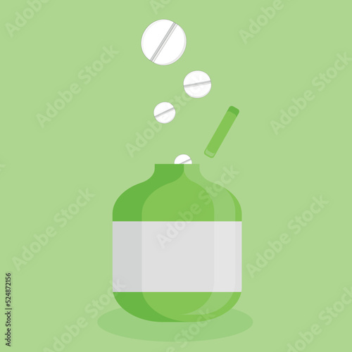 Pills fall in medical bottle. Green background. Vetcor illustration for medicine