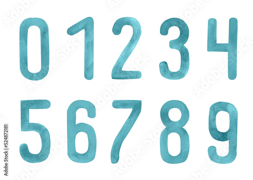 Set of blue numbers. Watercolor zero one two three four five six seven eight nine. Illustration Isolated on white.