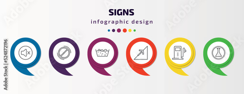 signs infographic template with icons and 6 step or option. signs icons such as mute, prohibition, washing, slope, gas station, chemical products vector. can be used for banner, info graph, web,