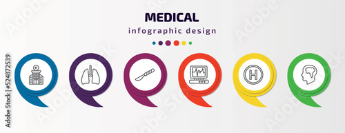 medical infographic template with icons and 6 step or option. medical icons such as hospital building front, lungs, scalpel, heart rate monitor, heliport, brain in bald male head vector. can be used