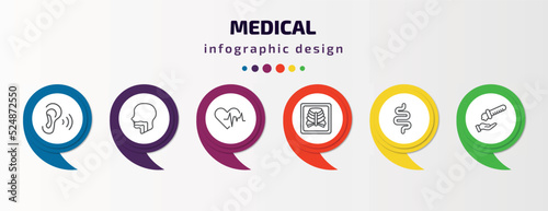 medical infographic template with icons and 6 step or option. medical icons such as ear, pharynx, cardiogram, x ray of bones, intestines, acid falling on hand vector. can be used for banner, info