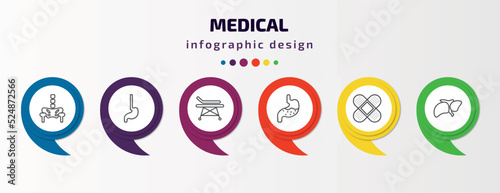 medical infographic template with icons and 6 step or option. medical icons such as p, esophagus, hospital bed side view, stoh, bandage cross, liver vector. can be used for banner, info graph, web,