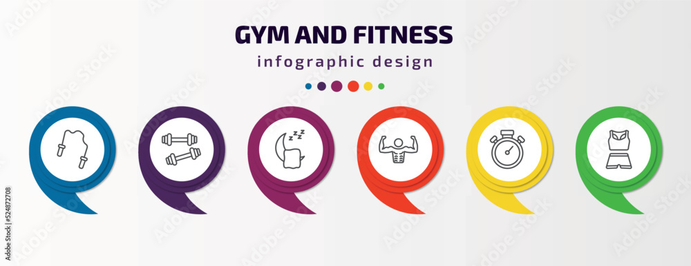 gym and fitness infographic template with icons and 6 step or option. gym and fitness icons such as skip rope, little dumbbell, sleep, bodybuilder, big stopwatch, female sportwear vector. can be gym and fitness infographic template with icons and 6 step or option. gym and fitness icons such as skip rope, little dumbbell, sleep, bodybuilder, big stopwatch, female sportwear vector. can be