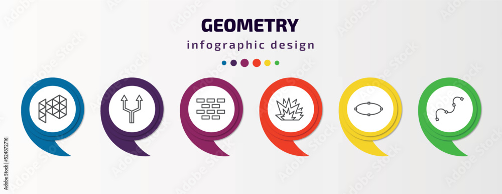 geometry infographic template with icons and 6 step or option. geometry icons such as polygonal megaphone, parallel, construction, explode, ellipse, spline vector. can be used for banner, info geometry infographic template with icons and 6 step or option. geometry icons such as polygonal megaphone, parallel, construction, explode, ellipse, spline vector. can be used for banner, info