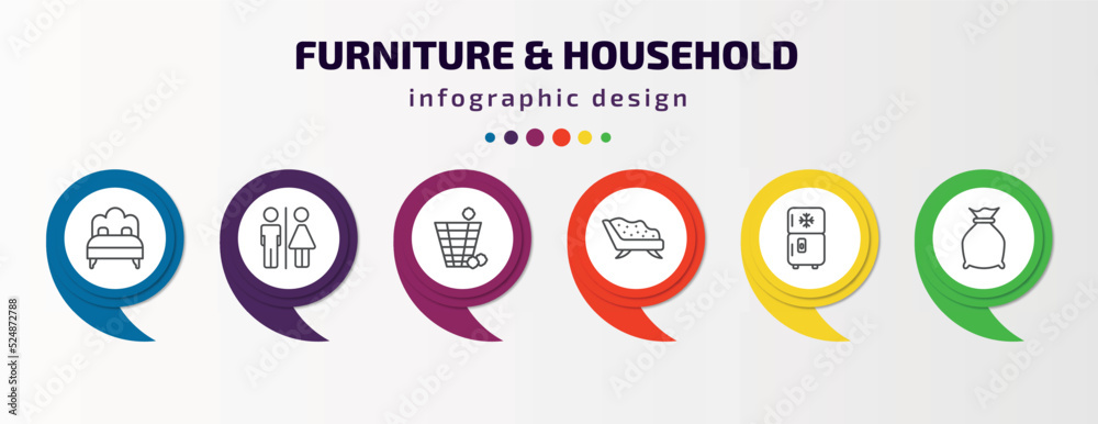 furniture & household infographic template with icons and 6 step or option. furniture & household icons such as sleigh bed, wc, waste basket, divan, fridge, garbage bags vector. can be used for furniture & household infographic template with icons and 6 step or option. furniture & household icons such as sleigh bed, wc, waste basket, divan, fridge, garbage bags vector. can be used for