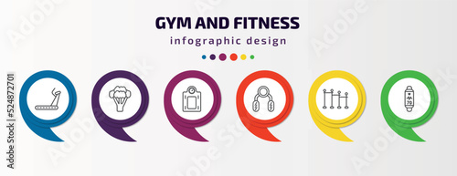 gym and fitness infographic template with icons and 6 step or option. gym and fitness icons such as running hine, broccoli porcion, weighing scale, sport expander, horizontal bar, fitness tracker
