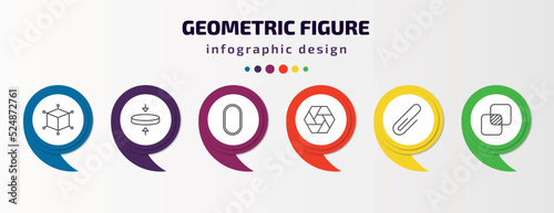 geometric figure infographic template with icons and 6 step or option. geometric figure icons such as 3d cube, flatten, oval, polygonal hexagon, attach, unite vector. can be used for banner, info