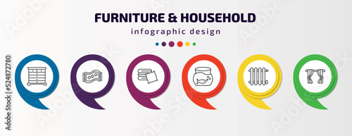 furniture & household infographic template with icons and 6 step or option. furniture & household icons such as chest of drawers, rugs, linens, fish bowl, radiator, curtains vector. can be used for