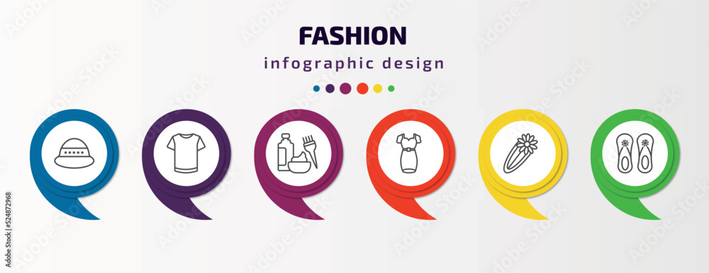 fashion infographic template with icons and 6 step or option. fashion icons such as general helmet, white t shirt, hair dye, dress with belt, barrette, pair sandals vector. can be used for banner, fashion infographic template with icons and 6 step or option. fashion icons such as general helmet, white t shirt, hair dye, dress with belt, barrette, pair sandals vector. can be used for banner,