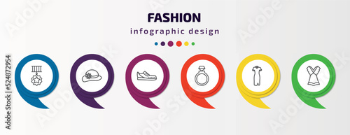 fashion infographic template with icons and 6 step or option. fashion icons such as star medal, round hat, gym shoes, fiance, cheongsam, summer dress vector. can be used for banner, info graph, web,