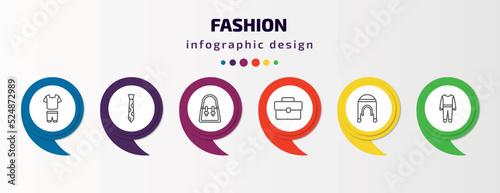 fashion infographic template with icons and 6 step or option. fashion icons such as femenine trakcsuit, stripped tie, handbag elegant de, office briefcase, coif, working coverall vector. can be used