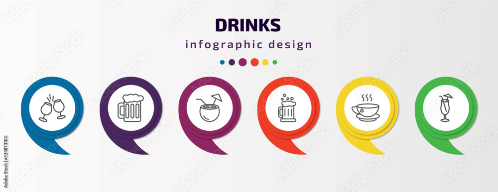 drinks infographic template with icons and 6 step or option. drinks icons such as toast, pint of beer, malibu, beer mug, tea, sex on the beach vector. can be used for banner, info graph, web, drinks infographic template with icons and 6 step or option. drinks icons such as toast, pint of beer, malibu, beer mug, tea, sex on the beach vector. can be used for banner, info graph, web,