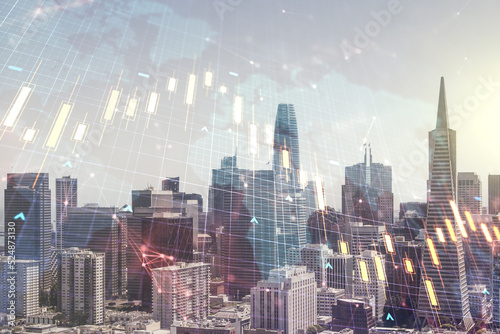 Double exposure of abstract creative financial diagram and world map on San Francisco office buildings background, banking and accounting concept