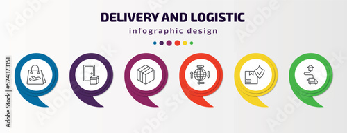 delivery and logistic infographic template with icons and 6 step or option. delivery and logistic icons such as duty free, on door delivery, box, distribution, logistic protection, destination