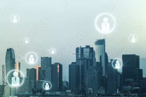 Abstract virtual social network hologram on Los Angeles cityscape background. Double exposure
