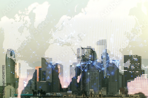 Multi exposure of abstract creative digital world map hologram on Los Angeles skyscrapers background  research and analytics concept