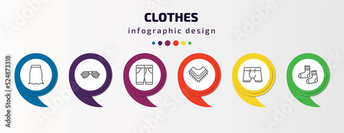 clothes infographic template with icons and 6 step or option. clothes icons such as peplum skirt, shutter sunglasses, chino shorts, shawl, boxers, men socks vector. can be used for banner, info