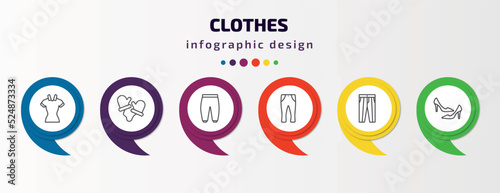 clothes infographic template with icons and 6 step or option. clothes icons such as lyocell shirt dress, wool gloves, harem pants, slim fit pants, oxford wave suit pants, high heel vector. can be