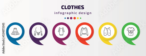clothes infographic template with icons and 6 step or option. clothes icons such as tulle skirt, jewelry, long sleeveless dress, pullover, waistcoat, t shirt with de vector. can be used for banner,