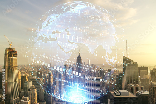 Multi exposure of abstract programming language hologram and world map on Manhattan office buildings background, artificial intelligence and neural networks concept