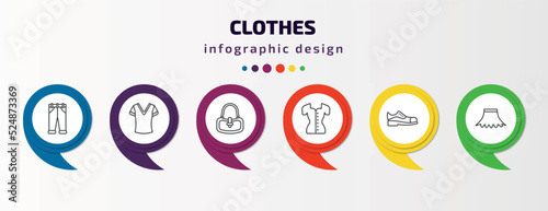clothes infographic template with icons and 6 step or option. clothes icons such as jeans, v neck shirt, hobo bag, blouse, leather shoes, circle skirt vector. can be used for banner, info graph,