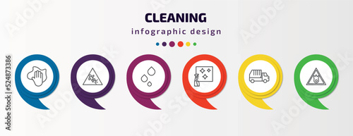 cleaning infographic template with icons and 6 step or option. cleaning icons such as wiping, wet floor, liquid, glass cleaning, garbage truck, oxidizing agent vector. can be used for banner, info