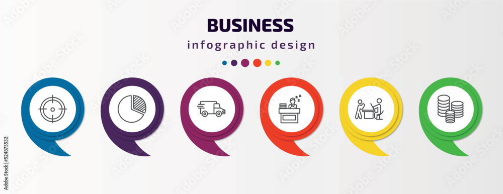 business infographic template with icons and 6 step or option. business icons such as target, circular pie chart, logistic, sleepy worker at work, boss reading a document, stacks of coins vector. business infographic template with icons and 6 step or option. business icons such as target, circular pie chart, logistic, sleepy worker at work, boss reading a document, stacks of coins vector.