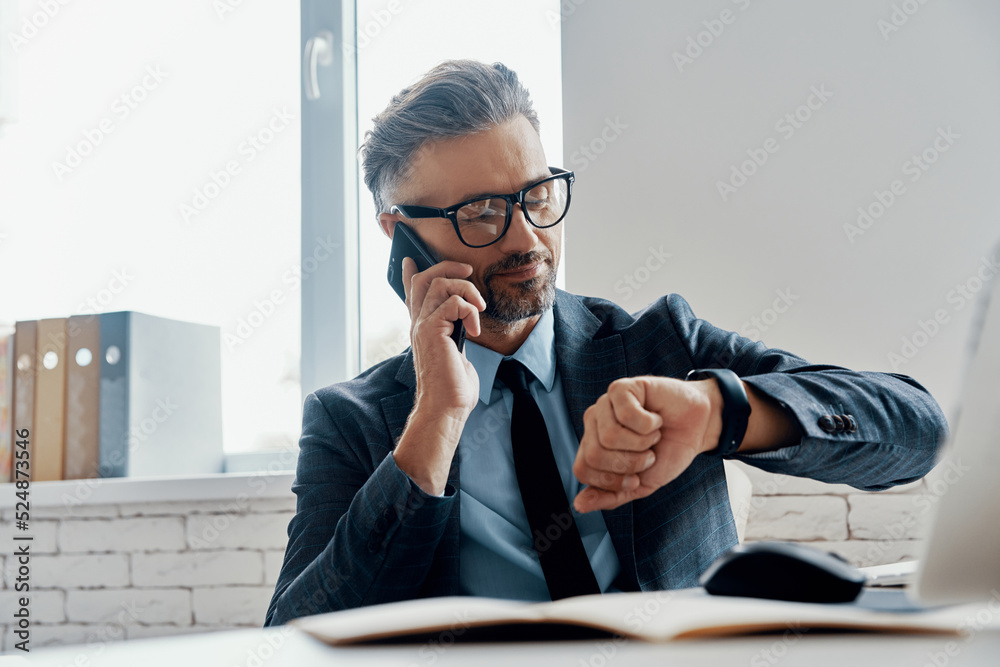 Handsome mature man in formalwear checking the time while talking on mobile phone in the office Handsome mature man in formalwear checking the time while talking on mobile phone in the office