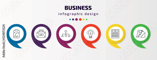 business infographic template with icons and 6 step or option. business icons such as tactic, rectangular briefcase, hierarchy structure, ideas to earn money, tax calculate, worker digging a hole