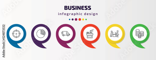 business infographic template with icons and 6 step or option. business icons such as target, circular pie chart, logistic, sleepy worker at work, boss reading a document, stacks of coins vector.