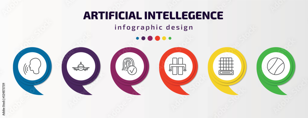 artificial intellegence infographic template with icons and 6 step or option. artificial intellegence icons such as voice recognition, aeroplane, biometrics, motorway, difference engine, ball artificial intellegence infographic template with icons and 6 step or option. artificial intellegence icons such as voice recognition, aeroplane, biometrics, motorway, difference engine, ball