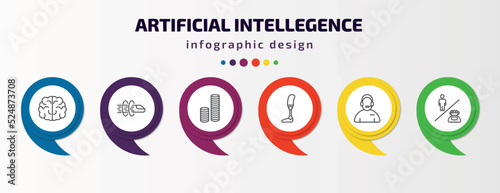 artificial intellegence infographic template with icons and 6 step or option. artificial intellegence icons such as brain, hyperloop, coins, prosthesis, assistant, robots and humans vector. can be