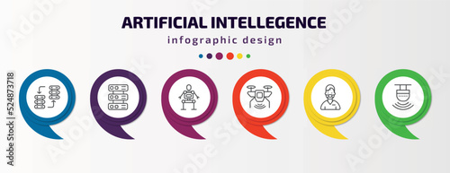 artificial intellegence infographic template with icons and 6 step or option. artificial intellegence icons such as data transfer, servers, exoskeleton, unmanned aerial vehicle, nurse, motion sensor