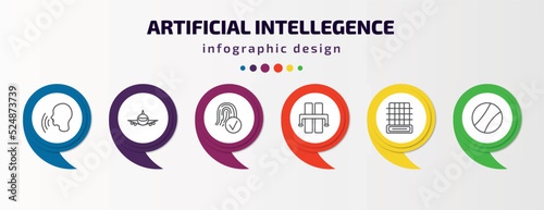 artificial intellegence infographic template with icons and 6 step or option. artificial intellegence icons such as voice recognition, aeroplane, biometrics, motorway, difference engine, ball