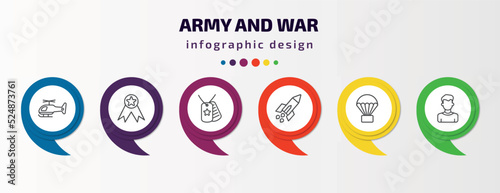 army and war infographic template with icons and 6 step or option. army and war icons such as helicopter, medal, dog tag, missile, parachute, civilian vector. can be used for banner, info graph,