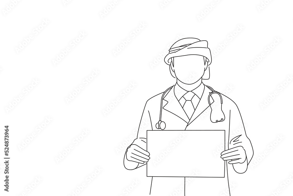 Drawing of arab doctor holding a white cardboard banner isolated. Outline drawing style art Drawing of arab doctor holding a white cardboard banner isolated. Outline drawing style art