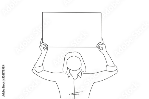 Cartoon of adult woman holding a blank sign over her head while looking at the camera isolated on white background. Line art style