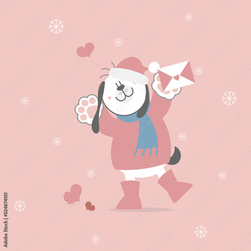 cute and lovely hand drawn dog holding love letter with heart, happy valentine's day, love concept, flat vector illustration cartoon character costume design