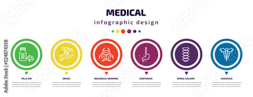 medical infographic element with icons and 6 step or option. medical icons such as pills jar, drugs, biological warning, esophagus, spinal column, caduceus vector. can be used for banner, info