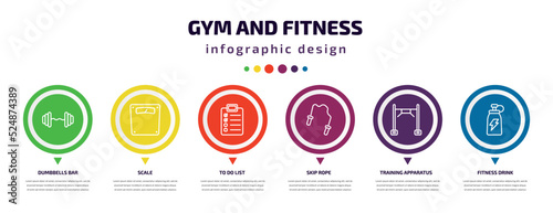 gym and fitness infographic element with icons and 6 step or option. gym and fitness icons such as dumbbells bar, scale, to do list, skip rope, training apparatus, fitness drink vector. can be used