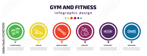 gym and fitness infographic element with icons and 6 step or option. gym and fitness icons such as fitness gloves, push up, arms extender, good diet, belt, resistance vector. can be used for banner,