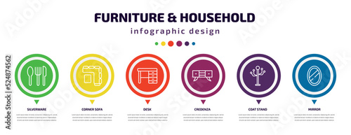 furniture & household infographic element with icons and 6 step or option. furniture & household icons such as silverware, corner sofa, desk, credenza, coat stand, mirror vector. can be used for