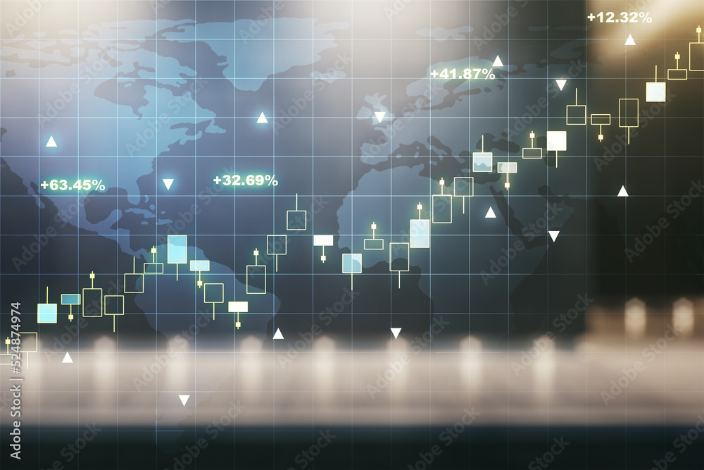 Multi exposure of virtual abstract financial graph hologram and world map on blurry contemporary office building background, financial and trading concept